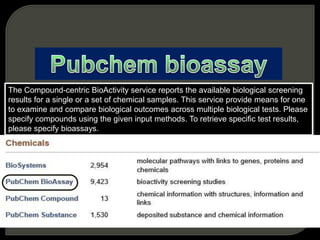 The Compound-centric BioActivity service reports the available biological screening
results for a single or a set of chemical samples. This service provide means for one
to examine and compare biological outcomes across multiple biological tests. Please
specify compounds using the given input methods. To retrieve specific test results,
please specify bioassays.
 