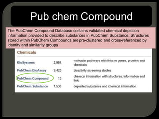 Pub chem Compound
The PubChem Compound Database contains validated chemical depiction
information provided to describe substances in PubChem Substance. Structures
stored within PubChem Compounds are pre-clustered and cross-referenced by
identity and similarity groups
 