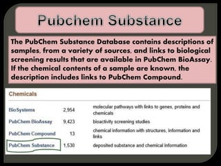 The PubChem Substance Database contains descriptions of
samples, from a variety of sources, and links to biological
screening results that are available in PubChem BioAssay.
If the chemical contents of a sample are known, the
description includes links to PubChem Compound.
 
