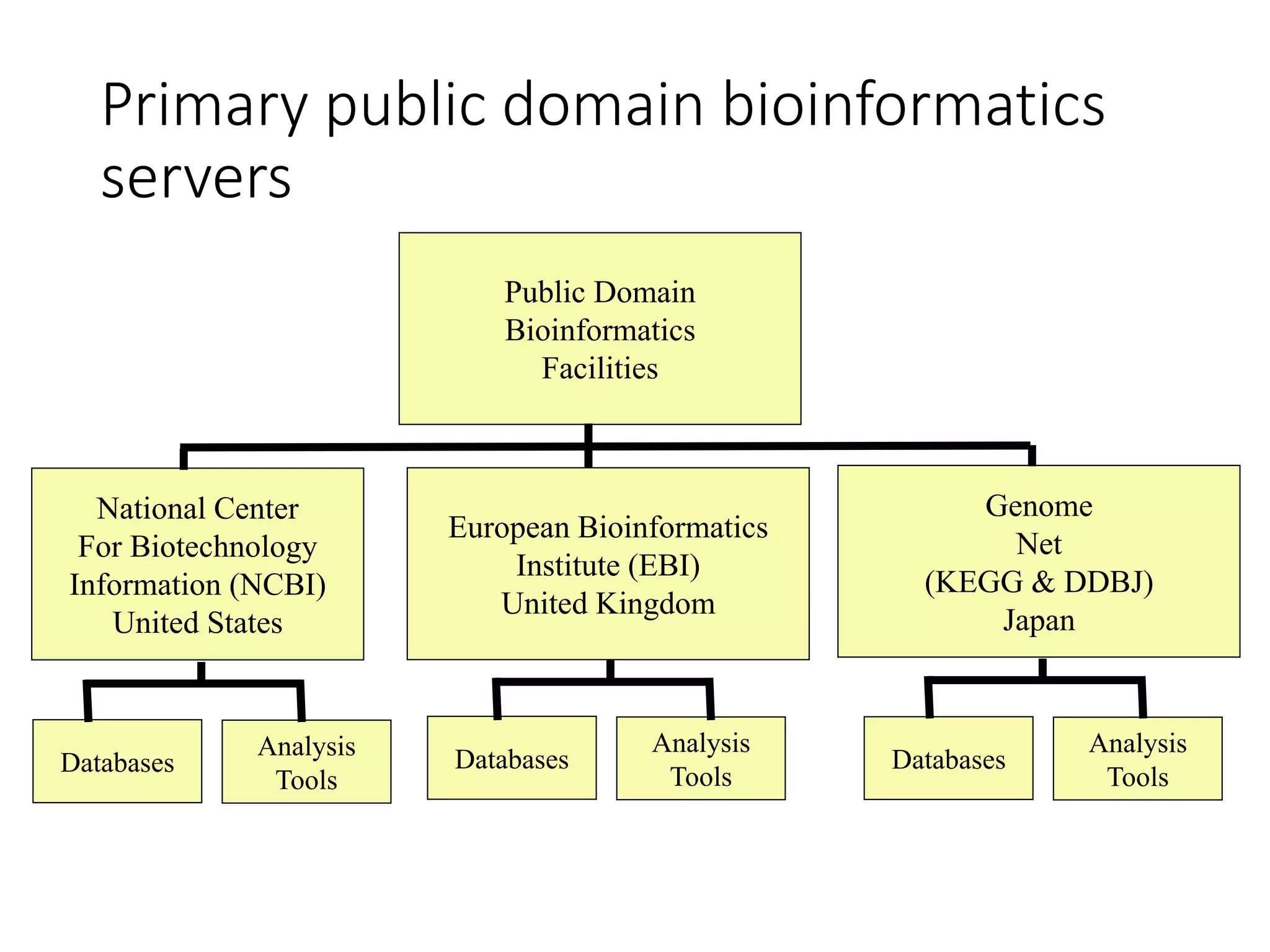 Primary public domain bioinformatics
servers
Public Domain
Bioinformatics
Facilities
European Bioinformatics
Institute (EBI)
United Kingdom
National Center
For Biotechnology
Information (NCBI)
United States
Genome
Net
(KEGG & DDBJ)
Japan
Databases
Analysis
Tools
Databases
Analysis
Tools
Databases
Analysis
Tools
 