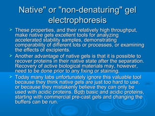 Native" or "non-denaturing" gelNative" or "non-denaturing" gel
electrophoresiselectrophoresis
 These properties, and their relatively high throughput,These properties, and their relatively high throughput,
make native gels excellent tools for analyzingmake native gels excellent tools for analyzing
accelerated stability samples, demonstratingaccelerated stability samples, demonstrating
comparability of different lots or processes, or examiningcomparability of different lots or processes, or examining
the effects of excipientsthe effects of excipients..
 Another advantage of native gels is that it is possible toAnother advantage of native gels is that it is possible to
recover proteins in their native state after the separation.recover proteins in their native state after the separation.
Recovery of active biological materials may, however,Recovery of active biological materials may, however,
need to be done prior to any fixing or staining.need to be done prior to any fixing or staining.
 Today many labs unfortunately ignore this valuable toolToday many labs unfortunately ignore this valuable tool
because they think native gels are just too hard to use,because they think native gels are just too hard to use,
or because they mistakenly believe they can only beor because they mistakenly believe they can only be
used with acidic proteins. Bused with acidic proteins. Bothoth basic and acidic proteins,basic and acidic proteins,
starting with commercial pre-cast gels and changing thestarting with commercial pre-cast gels and changing the
buffers can be run.buffers can be run.
 