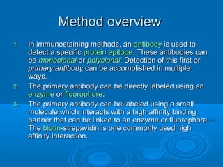 Method overviewMethod overview
1.1. In immunostaining methods, anIn immunostaining methods, an antibodyantibody is used tois used to
detect a specificdetect a specific proteinprotein epitopeepitope. These antibodies can. These antibodies can
bebe monoclonalmonoclonal oror polyclonalpolyclonal. Detection of this first or. Detection of this first or
primary antibodyprimary antibody can be accomplished in multiplecan be accomplished in multiple
ways.ways.
2.2. The primary antibody can be directly labeled using anThe primary antibody can be directly labeled using an
enzymeenzyme oror fluorophorefluorophore..
3.3. The primary antibody can be labeled using a smallThe primary antibody can be labeled using a small
molecule which interacts with a high affinity bindingmolecule which interacts with a high affinity binding
partner that can be linked to an enzyme or fluorophore.partner that can be linked to an enzyme or fluorophore.
TheThe biotinbiotin-strepavidin is one commonly used high-strepavidin is one commonly used high
affinity interaction.affinity interaction.
 