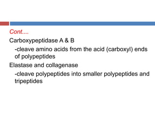 Cont....Carboxypeptidase A & B	-cleave amino acids from the acid (carboxyl) ends of polypeptidesElastase and collagenase	-cleave polypeptides into smaller polypeptides and tripeptides