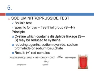 5.HOPKIN’S COLE TESTspecific for tryptophan --- indole group. PrincipleThe indole ring reacts with glyoxylic acid in the presence of a strong acid: H2SO4Reagent: glyoxylic acidResult: violet cyclic product