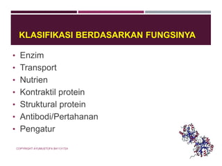 • Enzim
• Transport
• Nutrien
• Kontraktil protein
• Struktural protein
• Antibodi/Pertahanan
• Pengatur
COPYRIGHT AYUMUSTOFA B41131724
KLASIFIKASI BERDASARKAN FUNGSINYA
 