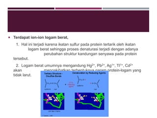  Terdapat ion-ion logam berat,
1. Hal ini terjadi karena ikatan sulfur pada protein tertarik oleh ikatan
logam berat sehingga proses denaturasi terjadi dengan adanya
perubahan struktur kandungan senyawa pada protein
tersebut.
2. Logam berat umumnya mengandung Hg2+, Pb2+, Ag1+, Tl1+, Cd2+
akan mengakibatkan terbentuknya garam protein-logam yang
tidak larut.
 