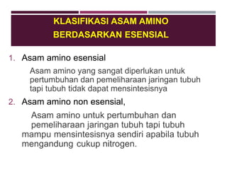 KLASIFIKASI ASAM AMINO
BERDASARKAN ESENSIAL
1. Asam amino esensial
Asam amino yang sangat diperlukan untuk
pertumbuhan dan pemeliharaan jaringan tubuh
tapi tubuh tidak dapat mensintesisnya
2. Asam amino non esensial,
Asam amino untuk pertumbuhan dan
pemeliharaan jaringan tubuh tapi tubuh
mampu mensintesisnya sendiri apabila tubuh
mengandung cukup nitrogen.
 