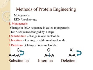 Methods of Protein Engineering
1. Mutagenesis
2. RDNA technology
1. Mutagenesis
Change in DNA sequence is called mutagenesis
DNA sequence changed by 3 steps
1.Substitution - change in one nucleotide.
2.Insertion – Gaining of additional nucleotide
3.Deletion- Deleting of one nucleotide.
C C X
A-A-A A—A A-A
Substitution Insertion Deletion
 