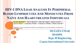 HIV-1 DNA LOAD ANALYSIS IN PERIPHERAL
BLOOD LYMPHOCYTES AND MONOCYTES FROM
NAÏVE AND HAART-TREATED INDIVIDUALS
HUZAIFA UMAR
20142894
Dept. 0f Biogineering
Cyprus International University
 