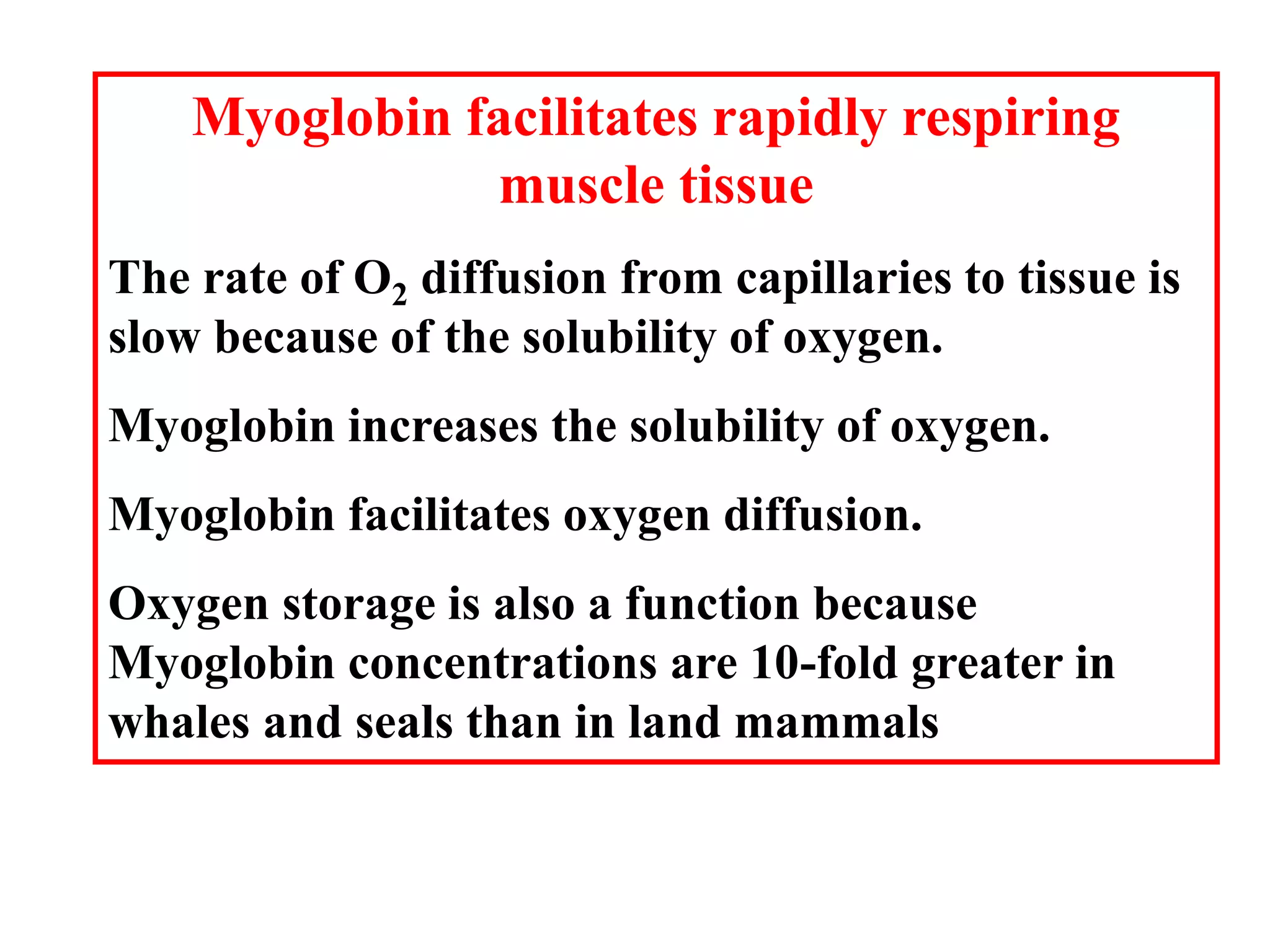 Myoglobin facilitates rapidly respiring
muscle tissue
The rate of O2 diffusion from capillaries to tissue is
slow because of the solubility of oxygen.
Myoglobin increases the solubility of oxygen.
Myoglobin facilitates oxygen diffusion.
Oxygen storage is also a function because
Myoglobin concentrations are 10-fold greater in
whales and seals than in land mammals
 