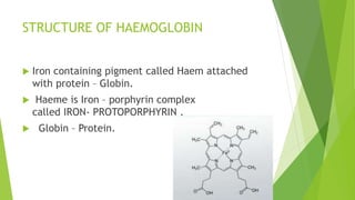 STRUCTURE OF HAEMOGLOBIN
 Iron containing pigment called Haem attached
with protein – Globin.
 Haeme is Iron – porphyrin complex
called IRON- PROTOPORPHYRIN .
 Globin – Protein.
 