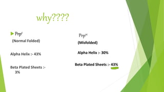 why????
Prpc
(Normal Folded)
Alpha Helix :- 43%
Beta Plated Sheets :-
3%
Prpsc
(Misfolded)
Alpha Helix :- 30%
Beta Plated Sheets :- 43%
 