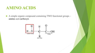AMINO ACIDS
 A simple organic compound containing TWO functional groups –
amino and carboxyl.
 