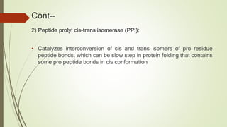 Cont--
2) Peptide prolyl cis-trans isomerase (PPI):
• Catalyzes interconversion of cis and trans isomers of pro residue
peptide bonds, which can be slow step in protein folding that contains
some pro peptide bonds in cis conformation
 