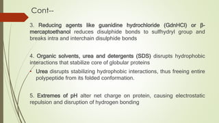 Cont--
3. Reducing agents like guanidine hydrochloride (GdnHCl) or β-
mercaptoethanol reduces disulphide bonds to sulfhydryl group and
breaks intra and interchain disulphide bonds
4. Organic solvents, urea and detergents (SDS) disrupts hydrophobic
interactions that stabilize core of globular proteins
• Urea disrupts stabilizing hydrophobic interactions, thus freeing entire
polypeptide from its folded conformation.
5. Extremes of pH alter net charge on protein, causing electrostatic
repulsion and disruption of hydrogen bonding
 