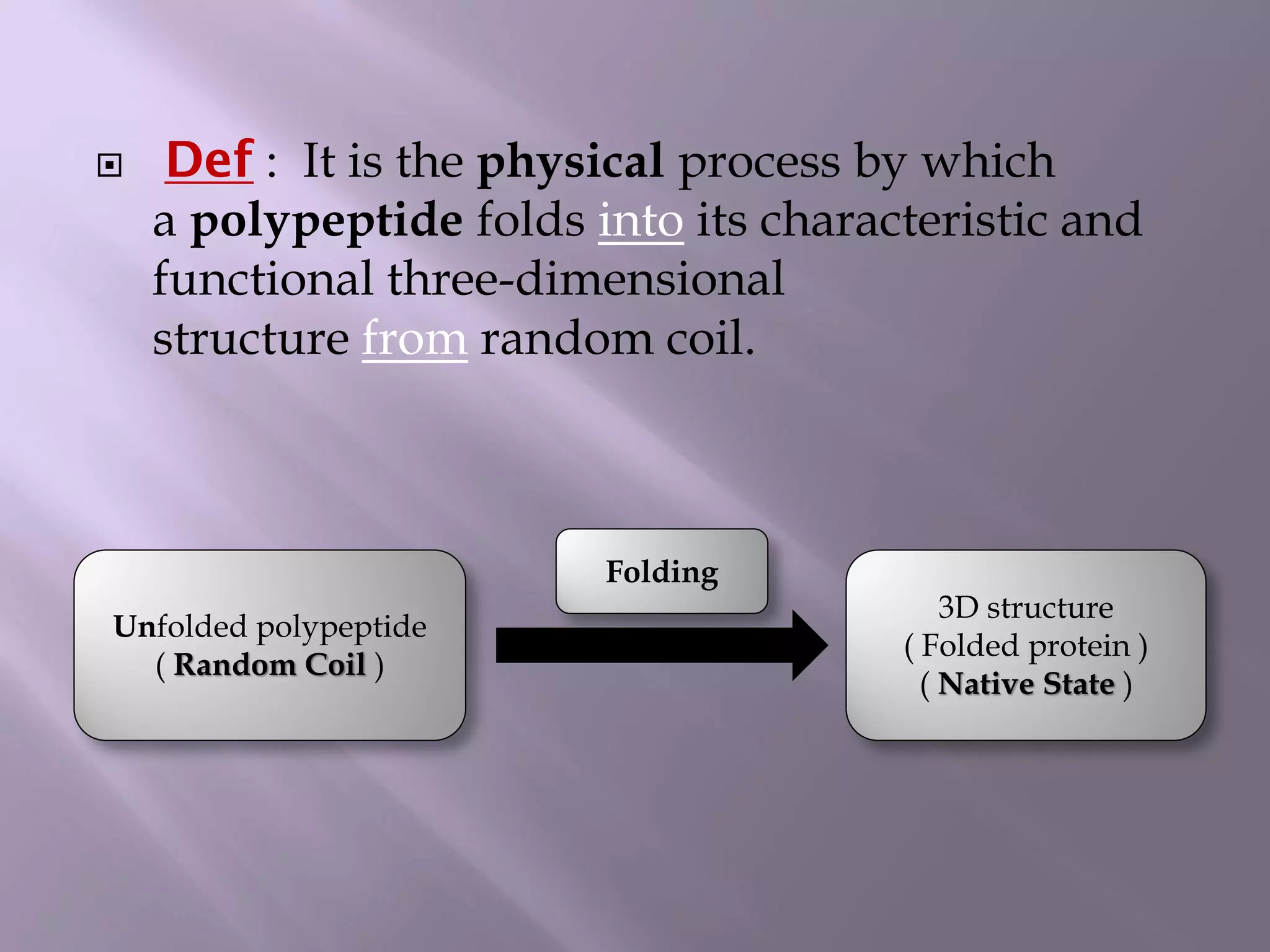  Def : It is the physical process by which
a polypeptide folds into its characteristic and
functional three-dimensional
structure from random coil.
Unfolded polypeptide
( Random Coil )
3D structure
( Folded protein )
( Native State )
Folding
 