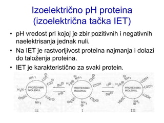Izoelektrično pH proteina
(izoelektrična tačka IET)
• pH vredost pri kojoj je zbir pozitivnih i negativnih
naelektrisanja jednak nuli.
• Na IET je rastvorljivost proteina najmanja i dolazi
do taloženja proteina.
• IET je karakteristično za svaki protein.
 