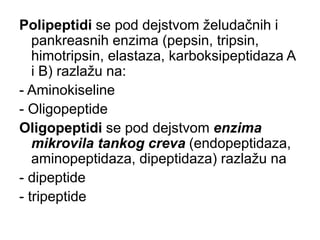 Polipeptidi se pod dejstvom želudačnih i
pankreasnih enzima (pepsin, tripsin,
himotripsin, elastaza, karboksipeptidaza A
i B) razlažu na:
- Aminokiseline
- Oligopeptide
Oligopeptidi se pod dejstvom enzima
mikrovila tankog creva (endopeptidaza,
aminopeptidaza, dipeptidaza) razlažu na
- dipeptide
- tripeptide
 