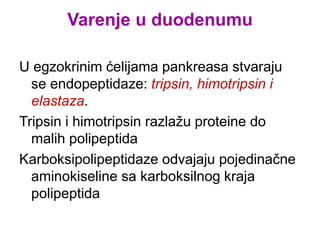 Varenje u duodenumu
U egzokrinim ćelijama pankreasa stvaraju
se endopeptidaze: tripsin, himotripsin i
elastaza.
Tripsin i himotripsin razlažu proteine do
malih polipeptida
Karboksipolipeptidaze odvajaju pojedinačne
aminokiseline sa karboksilnog kraja
polipeptida
 