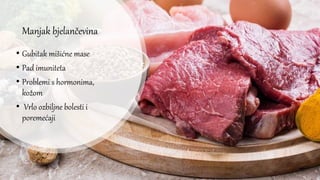 Manjak bjelančevina
• Gubitak mišićne mase
• Pad imuniteta
• Problemi s hormonima,
kožom
• Vrlo ozbiljne bolesti i
poremećaji
 