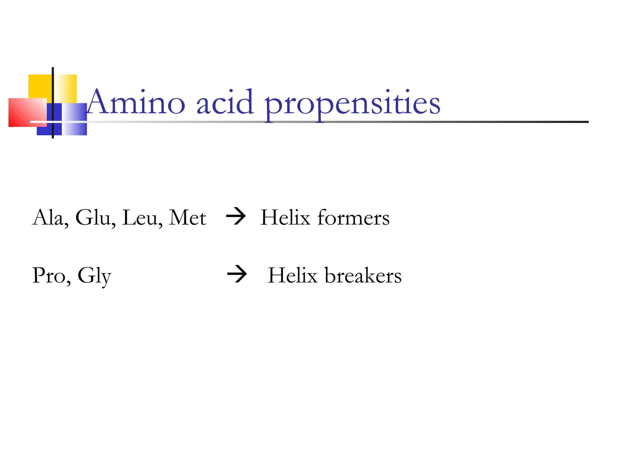 Ala, Glu, Leu, Met  Helix formers
Pro, Gly  Helix breakers
Amino acid propensities
 