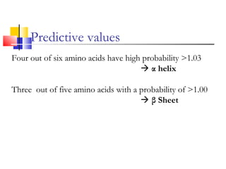 Four out of six amino acids have high probability >1.03
 α helix
Three out of five amino acids with a probability of >1.00
 β Sheet
Predictive values
 