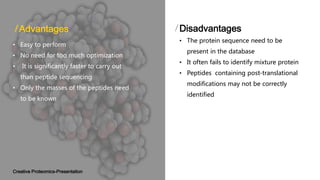 6
Advantages
Creative Proteomics-Presentation
• The protein sequence need to be
present in the database
• It often fails to identify mixture protein
• Peptides containing post-translational
modifications may not be correctly
identified
Disadvantages
• Easy to perform
• No need for too much optimization
• It is significantly faster to carry out
than peptide sequencing
• Only the masses of the peptides need
to be known
 