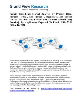 Protein Ingredients Market Analysis By Product [Plant
Proteins (Wheat, Soy Protein Concentrates, Soy Protein
Isolates, Textured Soy Protein, Pea, Canola), Animal/Dairy
Proteins], By Application Expected To Reach USD 33.91
Billion By 2020
Global Protein Ingredients Market is expected to reach USD 33.91 billion by 2020, according to
a new study by Grand View Research, Inc. Global protein ingredients market is expected to
witness significant growth on account of increasing demand as functional foods in the food &
beverage industry. Protein fortification is a key imperative to meet global nutritional deficiency
challenges. Moreover, protein ingredients are used extensively in infant formulations and
personal care & cosmetics products. Demand for these products is increasing globally owing to
their efficiency and high nutritional value.
Food & beverages constituted the largest application, accounting for over 45% of protein
ingredients market share in 2013. Growing nutritional supplements demand among consumers
owing to various health benefits is anticipated to have a positive impact on the market.
Furthermore, technological advancements have allowed the use of plant & animal/dairy proteins
in other food products including concentrated beverage powders, frozen desserts, sour cream,
sour cream dips and other cheese-like products.
View summary of this report @ http://www.grandviewresearch.com/industry-
analysis/protein-ingredients-market
 