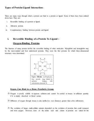 Types of Protein-Ligand Interaction:
There are many ways through which a protein can bind to a protein or ligand. Some of them have been enlisted
down here. They are:
i. Reversible binding of a protein to ligand.
ii. Allosteric protein.
iii. Complementary binding between protein and ligand.
i. Reversible Binding of a Protein To Ligand :
Oxygen-Binding Proteins
The function of many protein involve the reversible binding of other molecules. Myoglobin and hemoglobin may
be the most-studied and best understood proteins. They were the first proteins for which three-dimensional
structures were determined.
0xygen Can Bind to a Heme Prosthetic Group:
 Oxygen is poorly soluble in aqueous solutions and cannot be carried to tissues in sufficient quantity
if it is simply dissolved in blood serum.
 Diffusion of oxygen through tissues is also ineffective over distances greater than a few millimeters.
 The evolution of larger, multi-cellular animals depended on the evolution of proteins that could transport
and store oxygen. However, none of the amino acid side chains in proteins are suited for the
Figure 1Heme. (a) Porphyrins,
four pyrrole rings linked by
methene bridges, with
substitutions denoted X.
 