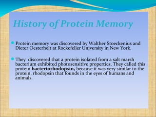 History of Protein Memory
Protein memory was discovered by Walther Stoeckenius and
 Dieter Oesterhelt at Rockefeller University in New York.

They discovered that a protein isolated from a salt marsh
 bacterium exhibited photosensitive properties. They called this
 protein bacteriorhodopsin, because it was very similar to the
 protein, rhodopsin that founds in the eyes of humans and
 animals.
 