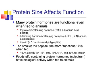 Protein Size Affects Function
 Many protein hormones are functional even
when fed to animals
 thyrotropin-releasing hormone (TRH, a 3-amino acid
peptide)
 luteinizing hormone-releasing hormone (LHRH, a 10-amino
acid peptide)
 insulin (a 51-amino acid polypeptide)
 The smaller the peptide, the more “functional” it is
when fed
 100% activity for TRH, 50% for LHRH, and 30% for insulin
 Feedstuffs containing protein hormones (colostrum)
have biological activity when fed to animals
 