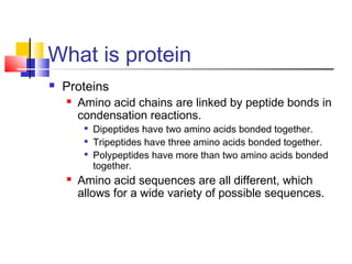 What is protein
 Proteins
 Amino acid chains are linked by peptide bonds in
condensation reactions.

Dipeptides have two amino acids bonded together.

Tripeptides have three amino acids bonded together.

Polypeptides have more than two amino acids bonded
together.
 Amino acid sequences are all different, which
allows for a wide variety of possible sequences.
 