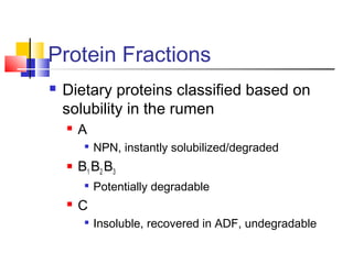 Protein Fractions
 Dietary proteins classified based on
solubility in the rumen
 A

NPN, instantly solubilized/degraded
 B1 B2 B3

Potentially degradable
 C

Insoluble, recovered in ADF, undegradable
 