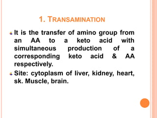 1. TRANSAMINATION
It is the transfer of amino group from
an AA to a keto acid with
simultaneous production of a
corresponding keto acid & AA
respectively.
Site: cytoplasm of liver, kidney, heart,
sk. Muscle, brain.
 