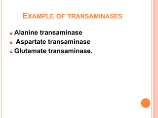 EXAMPLE OF TRANSAMINASES
Alanine transaminase
Aspartate transaminase
Glutamate transaminase.
 