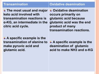 DIFF B/W TRANS DEAMINATION
Transamination Oxidative deamination
The most usual and major
keto acid involved with
transamination reactions is
α-KG, an intermediate in the
citric acid cycle.
A specific example is the
transamination of alanine to
make pyruvic acid and
glutamic acid.
Oxidative deamination
occurs primarily on
glutamic acid because
glutamic acid was the end
product of many
transamination reactions.
A specific example is the
deamination of glutamic
acid to make NH3 and α-KG
 