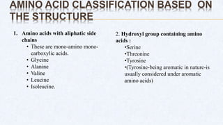 AMINO ACID CLASSIFICATION BASED ON
THE STRUCTURE
1. Amino acids with aliphatic side
chains
• These are mono-amino mono-
carboxylic acids.
• Glycine
• Alanine
• Valine
• Leucine
• Isoleucine.
2. Hydroxyl group containing amino
acids :
•Serine
•Threonine
•Tyrosine
•(Tyrosine-being aromatic in nature-is
usually considered under aromatic
amino acids)
 