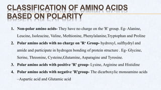 CLASSIFICATION OF AMINO ACIDS
BASED ON POLARITY
1. Non-polar amino acids- They have no charge on the 'R' group. Eg- Alanine,
Leucine, Isoleucine, Valine, Methionine, Phenylalanine,Tryptophan and Proline
2. Polar amino acids with no charge on 'R‘ Group- hydroxyl, sulfhydryl and
amide and participate in hydrogen bonding of protein structure . Eg- Glycine,
Serine, Threonine, Cysteine,Glutamine, Asparagine and Tyrosine.
3. Polar amino acids with positive 'R' group- Lysine, Arginine and Histidine
4. Polar amino acids with negative 'R'group- The dicarboxylic monoamino acids
–Aspartic acid and Glutamic acid
 