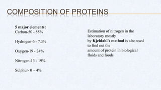 COMPOSITION OF PROTEINS
5 major elements:
Carbon-50 - 55%
Hydrogen-6 - 7.3%
Oxygen-19 - 24%
Nitrogen-13 - 19%
Sulphur- 0 – 4%
Estimation of nitrogen in the
laboratory mostly
by Kjeldahl's method is also used
to find out the
amount of protein in biological
fluids and foods
 