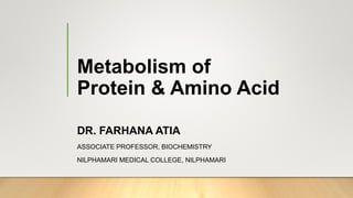 Metabolism of
Protein & Amino Acid
DR. FARHANA ATIA
ASSOCIATE PROFESSOR, BIOCHEMISTRY
NILPHAMARI MEDICAL COLLEGE, NILPHAMARI
 
