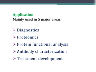 Application
Mainly used in 5 major areas
➢ Diagnostics
➢ Proteomics
➢ Protein functional analysis
➢ Antibody characterization
➢ Treatment development
 