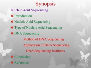 Synopsis
Nucleic Acid Sequencing
Introduction
Nucleic Acid Sequencing
Type of Nucleic Acid Sequencing
DNA Sequencing
Method of DNA Sequencing
Application of DNA Sequencing
DNA Sequencing Institutes
Conclusion
Reference
 