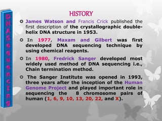 HISTORY
 James Watson and Francis Crick published the
first description of the crystallographic double-
helix DNA structure in 1953.
 In 1977, Maxam and Gilbert was first
developed DNA sequencing technique by
using chemical reagents.
 In 1980, Fredrick Sanger developed most
widely used method of DNA sequencing i.e.,
Chain termination method.
 The Sanger Institute was opened in 1993,
three years after the inception of the Human
Genome Project and played important role in
sequencing the 8 chromosome pairs of
human (1, 6, 9, 10, 13, 20, 22, and X).
 