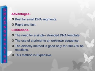 Advantages-
 Best for small DNA segments.
 Rapid and fast.
Limitations-
 The need for a single- stranded DNA template.
 The use of a primer to an unknown sequence.
 The dideoxy method is good only for 500-750 bp
reactions.
 This method is Expensive.
 