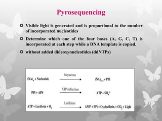 Pyrosequencing
 Visible light is generated and is proportional to the number
of incorporated nucleotides
 Determine which one of the four bases (A, G, C, T) is
incorporated at each step while a DNA template is copied.
 without added dideoxynucleotides (ddNTPs)
 