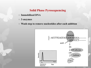 Solid Phase Pyrosequencing
○ Immobilized DNA
○ 3 enzymes
○ Wash step to remove nucleotides after each addition
 