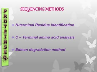 N-terminal Residue Identification
C – Terminal amino acid analysis
Edman degradation method
SEQUENCING METHODS
 