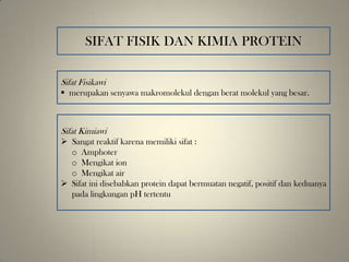 SIFAT FISIK DAN KIMIA PROTEIN
Sifat Fisikawi
 merupakan senyawa makromolekul dengan berat molekul yang besar.
Sifat Kimiawi
 Sangat reaktif karena memiliki sifat :
o Amphoter
o Mengikat ion
o Mengikat air
 Sifat ini disebabkan protein dapat bermuatan negatif, positif dan keduanya
pada lingkungan pH tertentu
 