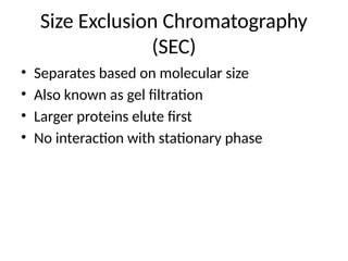 Size Exclusion Chromatography
(SEC)
• Separates based on molecular size
• Also known as gel filtration
• Larger proteins elute first
• No interaction with stationary phase
 