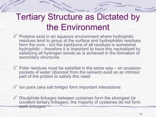 42
Tertiary Structure as Dictated by
the Environment
Proteins exist in an aqueous environment where hydrophilic
residues tend to group at the surface and hydrophobic residues
form the core – but the backbone of all residues is somewhat
hydrophilic – therefore it is important to have this neutralized by
satisfying all hydrogen bonds as is achieved in the formation of
secondary structures
Polar residues must be satisfied in the same way – on occasion
pockets of water (discreet from the solvent) exist as an intrinsic
part of the protein to satisfy this need
Ion pairs (aka salt bridge) form important interactions
Disulphide linkages between cysteines form the strongest (ie
covalent tertiary linkages); the majority of cysteines do not form
such linkages
 